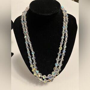 Vtg Aurora Borealis AB 2 Strand Czech Crystal Glass Faceted Bead Necklace